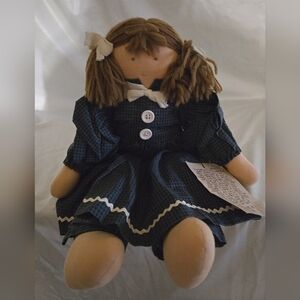 Vintage 1990 FOLK DOLLS & friends Ltd Rag Cloth PATTY Blue Gingham WOOL Hair TAG